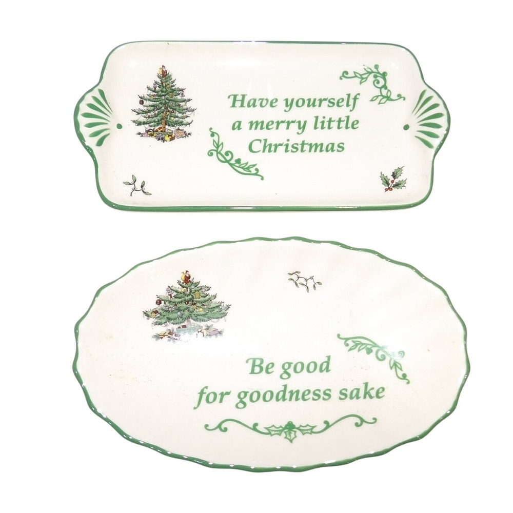 Spode Christmas Tree Tidbit Trays Set of 2 Ceramic England S3324-A1 Green Cream